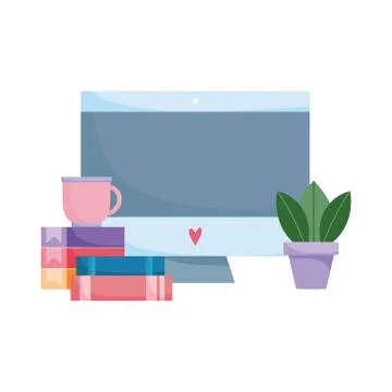 Workspace computer coffee cup books and plant isolated design white background Stock Illustration