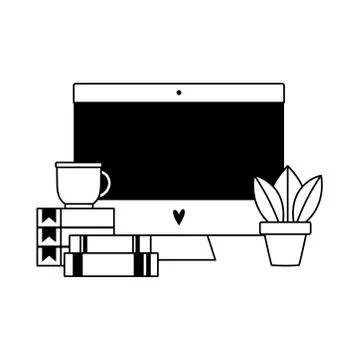 Workspace computer coffee cup books and plant isolated icon line style Ilustración de archivo