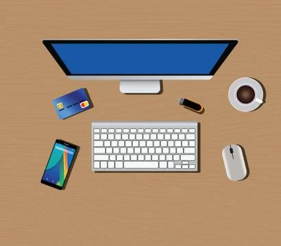 Workspace with computer keyboard mouse coffee smartphone Stock Illustration