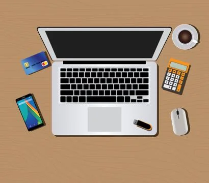 Workspace with computer keyboard mouse coffee smartphone Stock Illustration