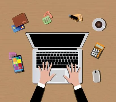 Workspace with computer keyboard mouse coffee smartphone Stock Illustration
