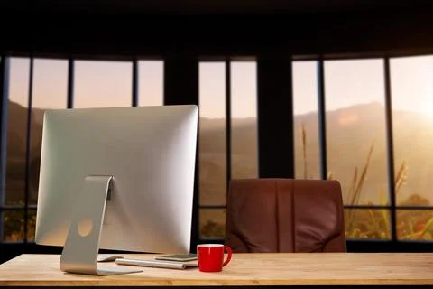 Workspace computer putting on wood working desk and surrounded by coffee cup, Stock Photos