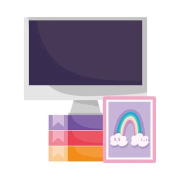 Workspace computer screen on books and rainbow drawing isolated design white Stock Illustration