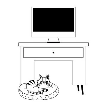 Workspace computer screen desk and cat in bed isolated icon line style Illustrazione stock