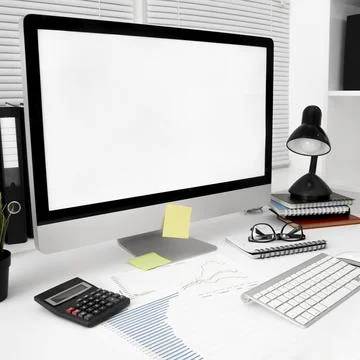 Workspace with computer screen lamp Stock Photos