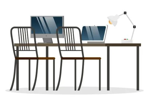 Workspace with Computer on Table and Chairs Vector イラスト素材