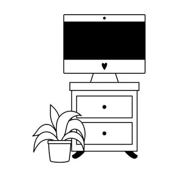 Workspace computer on table and potted plant isolated icon line style Stock Illustration