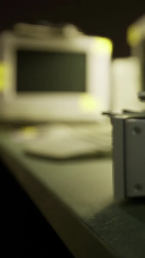Workspace with computers and equipment during evening hours in a tech setting Stock Footage 334263272