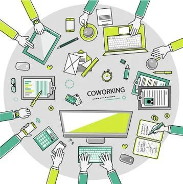 Workspace. Concept of working in multicultural team, coworking, typography. Illustrazione stock