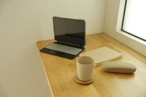 Workspace with cozy essentials. Desk setup for focus and creativity Fotos Stock