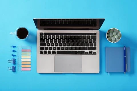 Workspace for creative projects and work. Laptop, notebook, pen, coffee, an.. Stock Photos