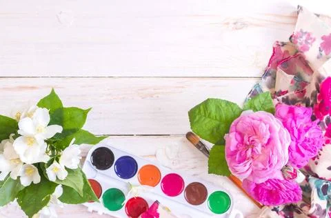  Workspace of creative worker Desk of creative worker. Paints, brush and f... 写真素材