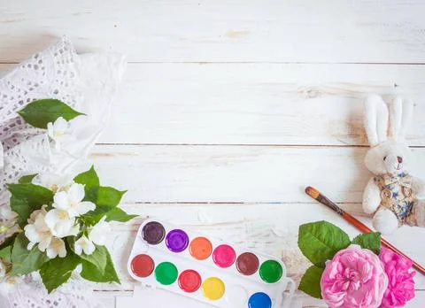  Workspace of creative worker Desk of creative worker. Paints, brush and f... Stock Photos