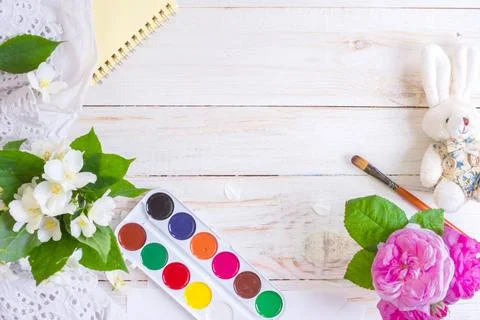  Workspace of creative worker Desk of creative worker. Paints, brush and f... Stock Photos