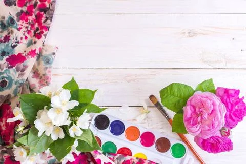  Workspace of creative worker Desk of creative worker. Paints, brush and f... 写真素材