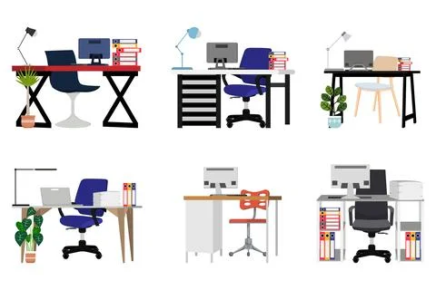 Workspace design set with chair table desktop Stock Illustration