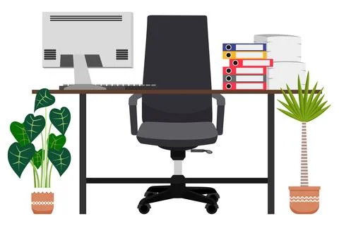 Workspace design with table chair pc isolated Stock Illustration