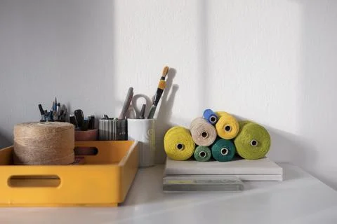 Workspace of designer, creative worker. Desktop with objects, tools, equipmen Stock Photos