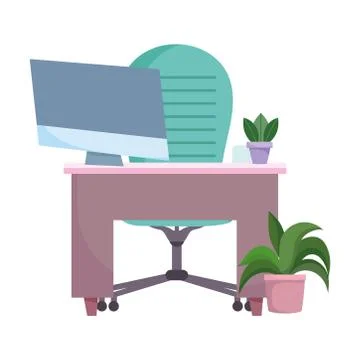 Workspace desk armchair computer and plants isolated design white background Stock Illustration