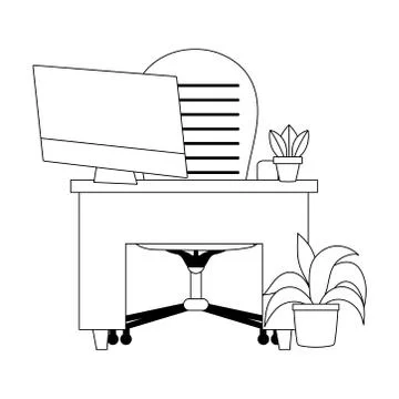 Workspace desk armchair computer and plants isolated icon line style Stock Illustration