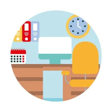 Workspace desk chair computer clock calendar binders イラスト素材