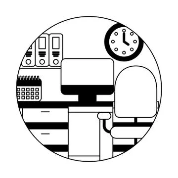 Workspace desk chair computer clock calendar binders Stock Illustration