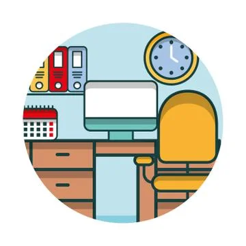 Workspace desk chair computer clock calendar binders Illustrazione stock