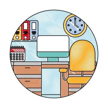 Workspace desk chair computer clock calendar binders Stockillustratie