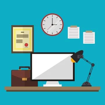 Workspace desk clock computer suitcase lamp and diploma Stock-Illustration