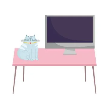 Workspace desk with computer and cat isolated design white background Illustrazione stock