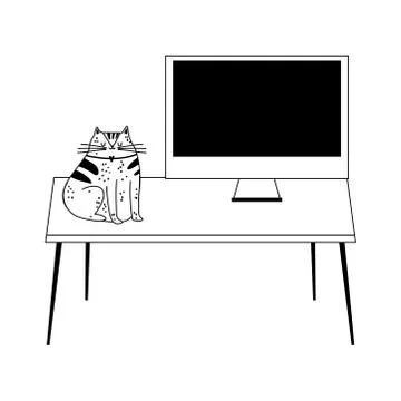 Workspace desk with computer and cat isolated icon line style Illustrazione stock