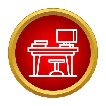 Workspace desk with computer, books, and chair icon Illustrazione stock
