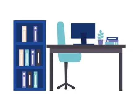 Workspace desk computer bookshelf folders plant Stock Illustration