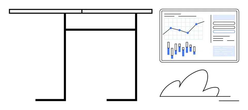 Workspace with Desk, Data Analytics on Screen, and Plant Motif for Modern O.. Stock Illustration