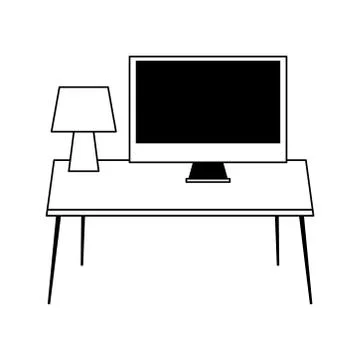 Workspace desk lamp and computer isolated icon line style Stock Illustration