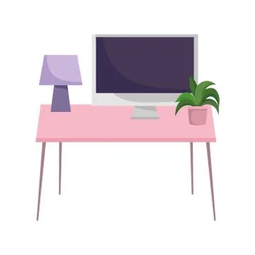Workspace desk lamp computer and plant isolated design white background 스톡 일러스트