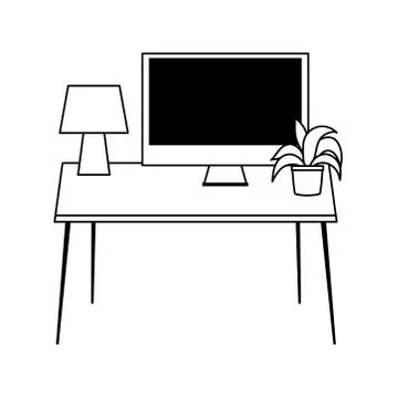 Workspace desk lamp computer and plant isolated icon line style Ilustración de archivo