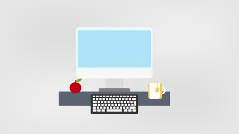 Workspace with a desktop, keyboard, apple, and tea cup, symbolizing product.. Stock Footage 309093307