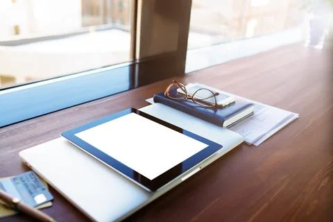 Workspace with digital tablet with empty mockup copy space screen background  Stock Photos