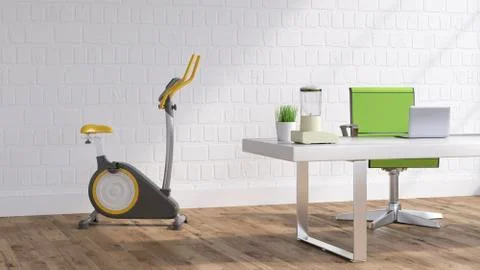 Workspace with Elliptical trainer, 3D Rendering Stock Illustration