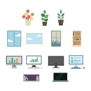 Workspace Essentials Floating Flat Design Object Set Stock Illustration