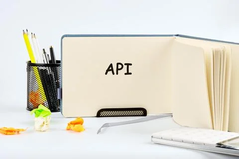 A workspace features an open notebook displaying the term API on its page. Ne Stock Photos