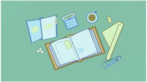 Workspace flatlay illustration with notebook calculator and coffee for Stock Illustration
