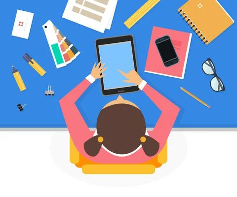 Workspace with Girl Using Tablet PC with Objects Rested on Desk Top View of Stock Illustration