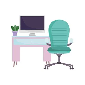 Workspace green chair desk computer and plant isolated design white background 스톡 일러스트