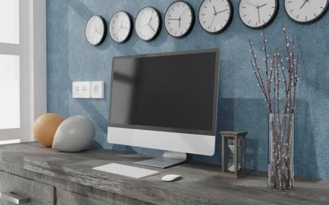 Workspace at home with a desktop computer 3d rendering mockup.Modern technolo Illustrazione stock