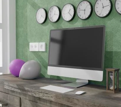 Workspace at home with a desktop computer 3d rendering mockup.Modern technolo 스톡 일러스트