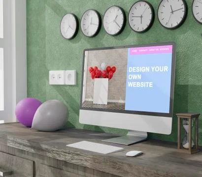 Workspace at home with a desktop computer 3d rendering mockup.Modern Web resp イラスト素材