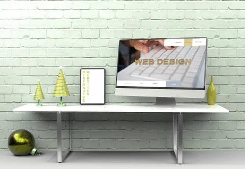 Workspace at home with a desktop computer 3d rendering mockup.Mo Illustrazione stock