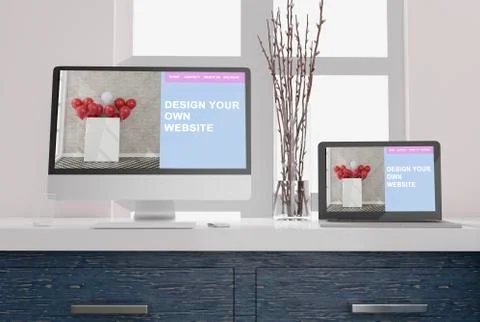 Workspace at home with a desktop computer 3d rendering mockup.Mo 스톡 일러스트